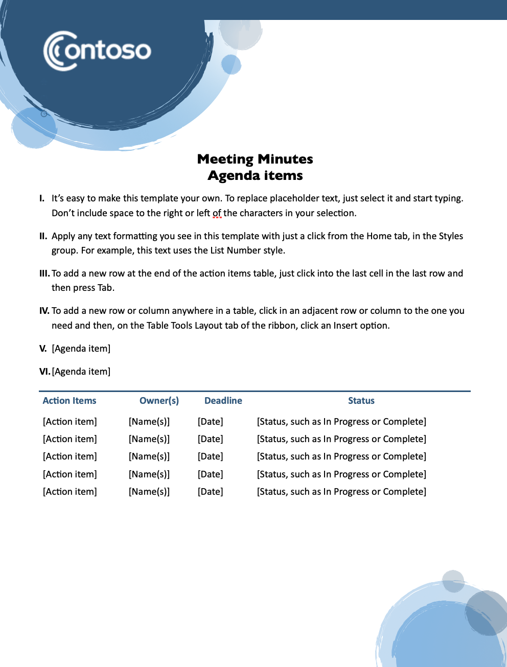 meeting minutes template from Contoso